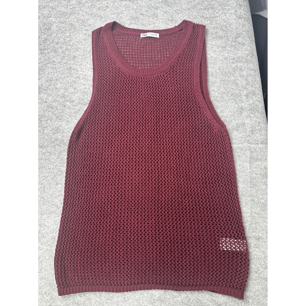 Zara Womens Burgundy Open Knit Cotton Tank Top Mesh Sleeveless Vest Medium